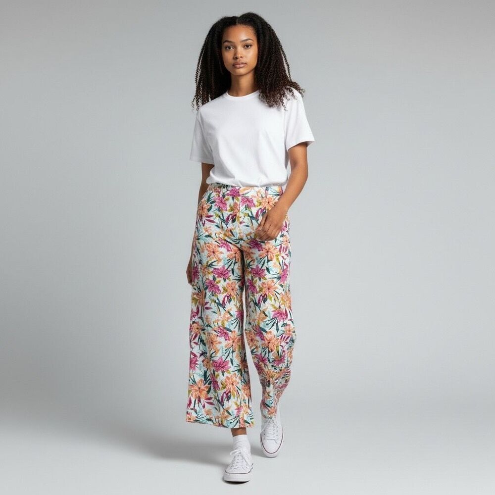 Jessica Simpson Tropical Floral Linen Flowy Wide Leg Pants